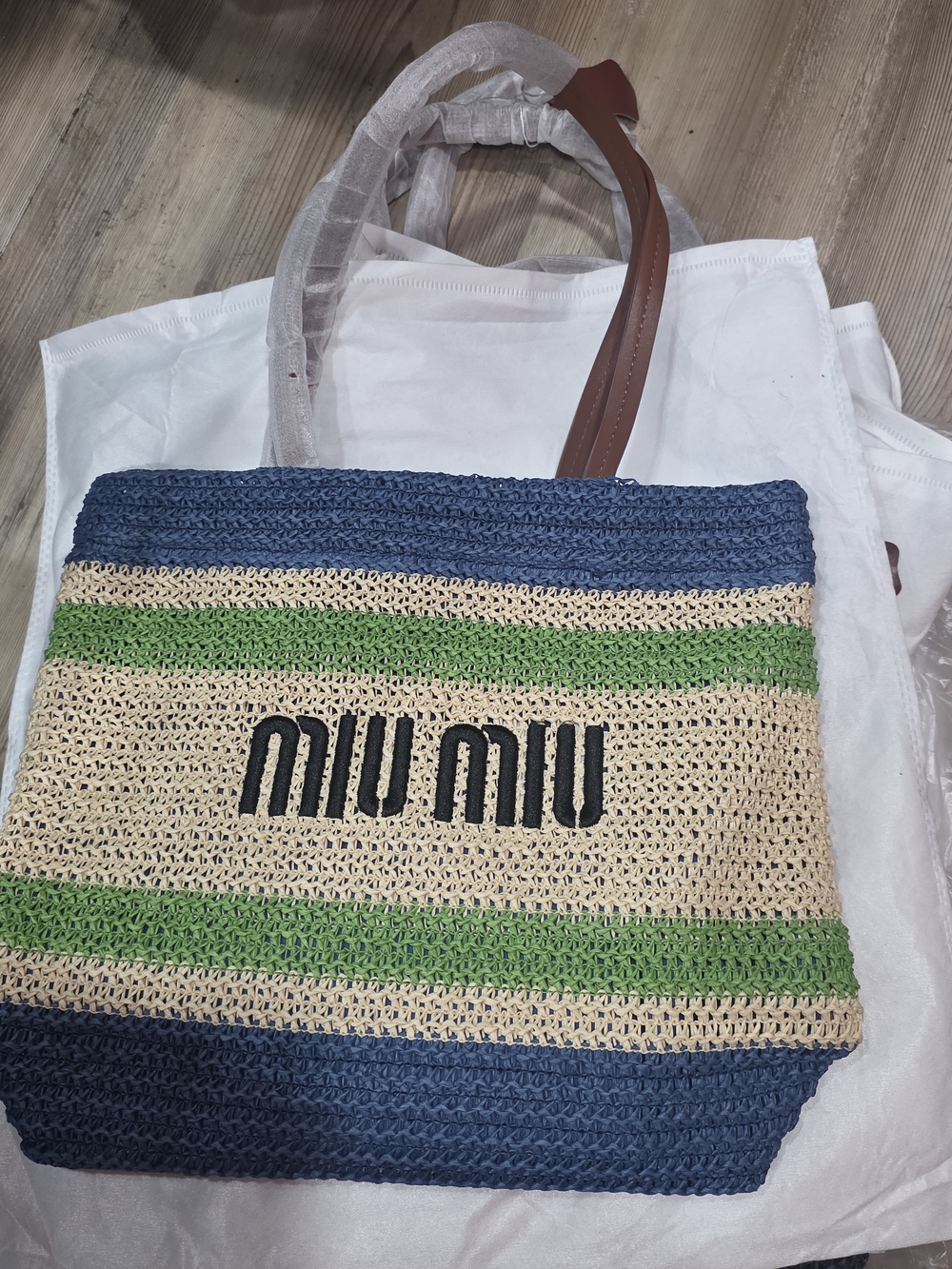 Navy, Natural & Green Straw Tote with Logo